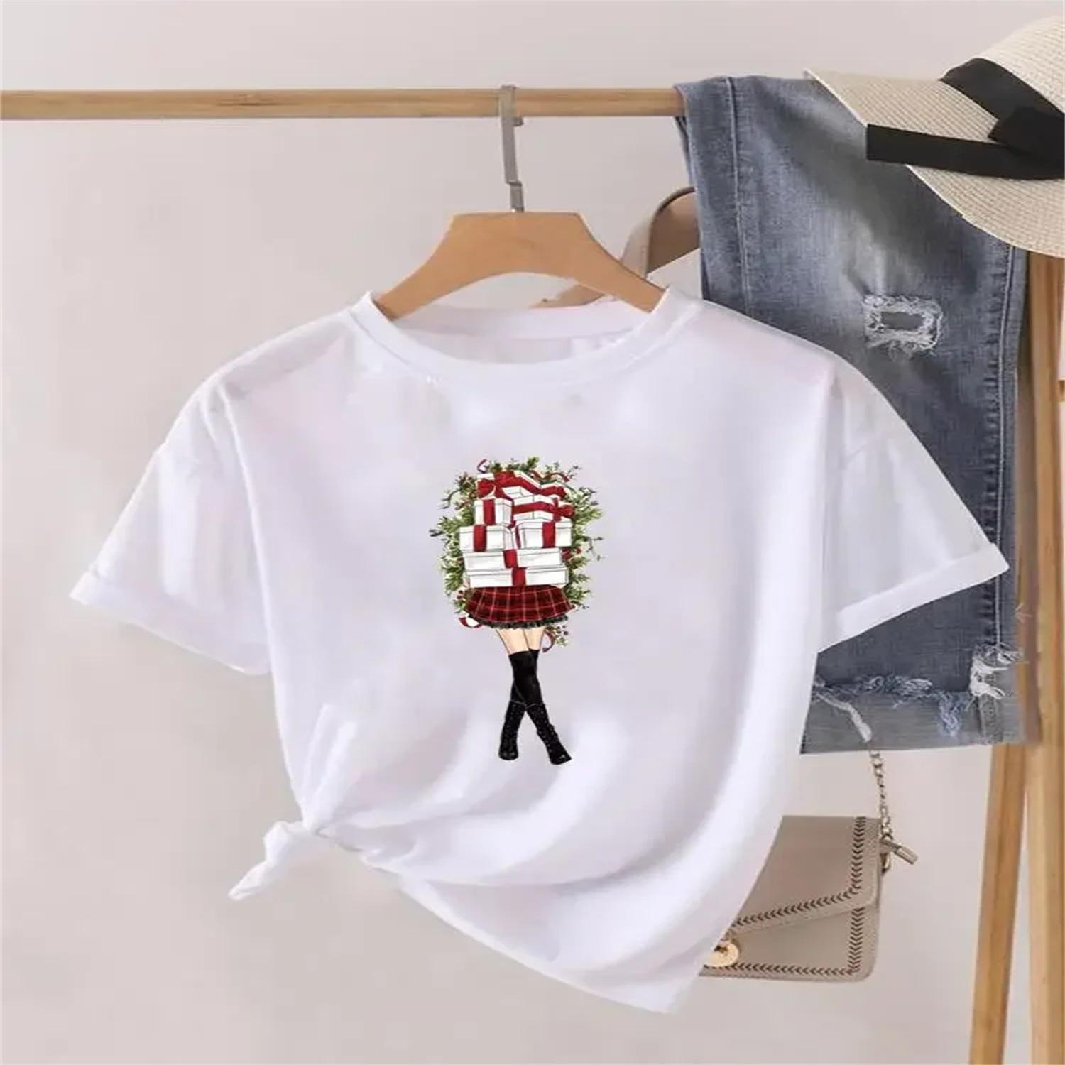 

Christmas Clothing Lady New Year Short Sleeve Print Fashion Lovely Cartoon Style Women Shirt Tee Top Clothes Graphic T-shirt XXXXXL білий