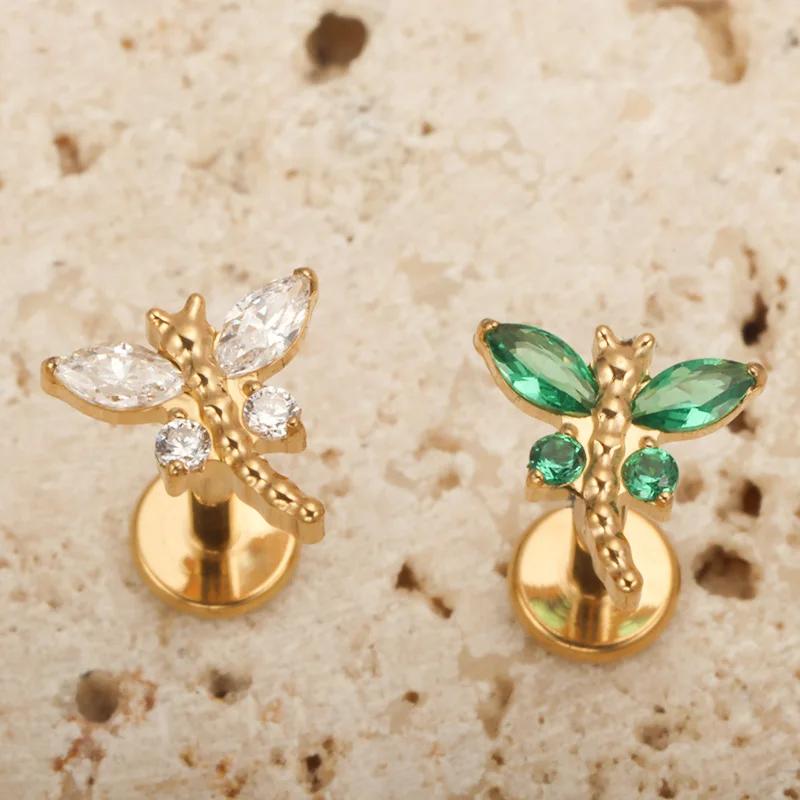 Piercing Labret Mini Libellula in Titanio ASTM F136 con Zirconia Cubica Orecchio Helix Flat Trago Orecchino Anello Naso Piercing Labbra