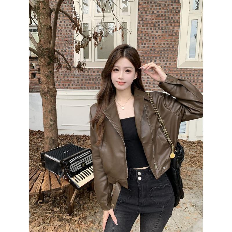 Høst Vinter Polo-hals Casual Mote Glidelås PU Lærjakke Kvinner Harajuku Cardigan Kåpe Yttertøy Topp