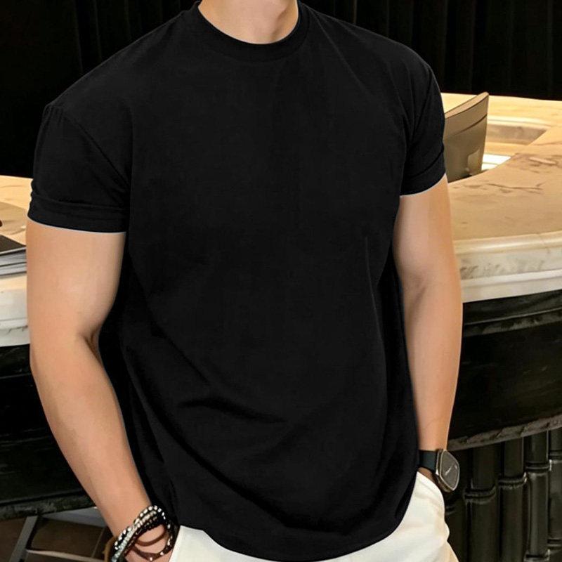 Men's American-Style Short Sleeve Workout T-Shirt, Cuffed Sleeves, Muscle-Enhancing, Stretchy, Heavyweight, Small Collar, Summer.