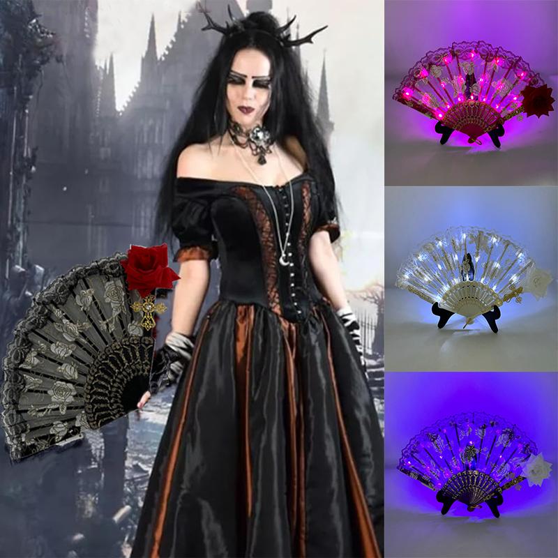 9 Inches Glowing Rose Lace Fan Anime Show Gothic Retro Flower Lolita Cosplay Accessories LED Black Rose Folding Fan Led Fans