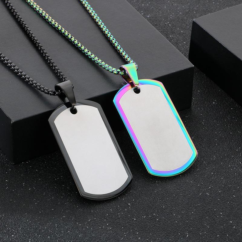 Creative Dazzle Color Square Tag Necklace for Men Hip Hop Polished ID Accessory Stainless Steel Trend Jewelry 60cm Length