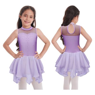 Flickors Prestanda Danskläder Ärmlös Rund Hals Strass Spandex Mesh Patchwork Urholkad Rygg Glittrig Klänning
