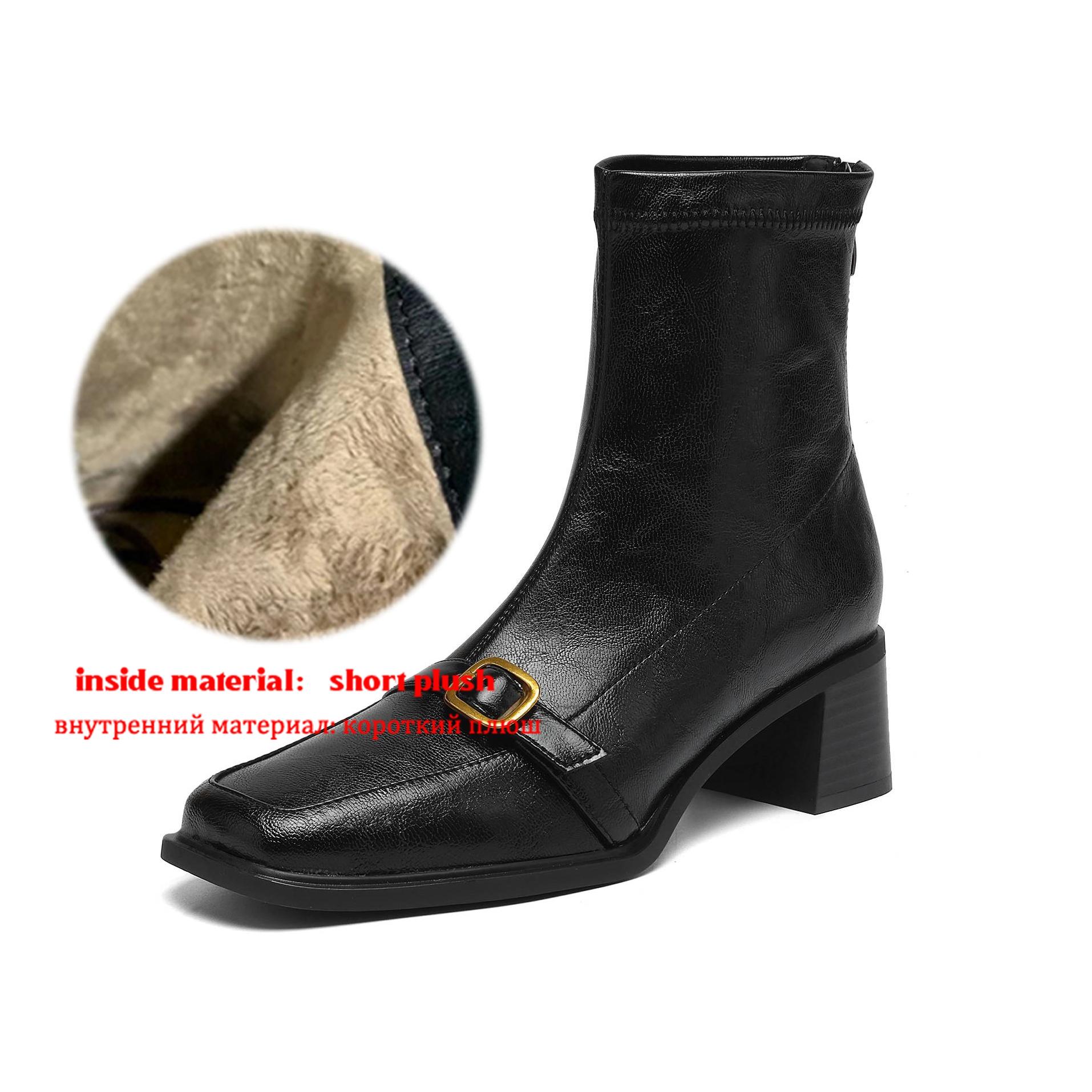 

Krazing Pot Microfiber Square Toe Thick Heels Chelsea Boots Size 42 Zip Women Metal Buckle Elastic Ankle Boots 40