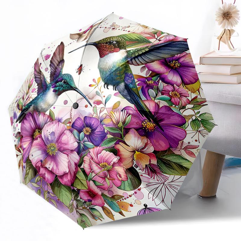 Hummingbirds and Flowers Outdoor Automatic Umbrella Retractable Design with 8-Rib Durability Lightweight Perfect Gift for Friends Family