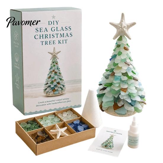 Sea Glass Art Projects for Adults DIY Christmas Tree Kit, 3D Coastal Xmas Craft Kit Creative Relaxing Holiday Activities with Pieces, Handmade