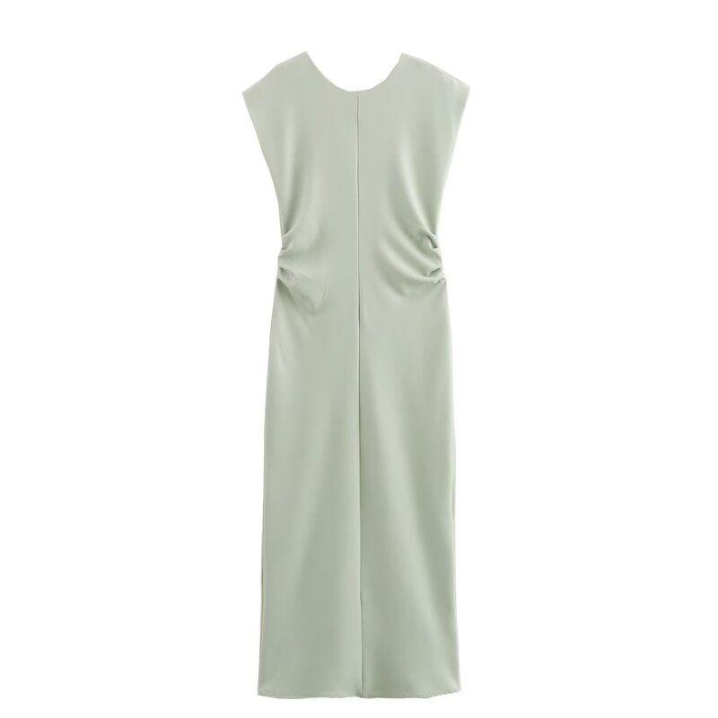 Fashion Style 2024 Summer New Women's Clothing V Neck Sleeveless Ruched Waist Midi Skirt Dress 1971151