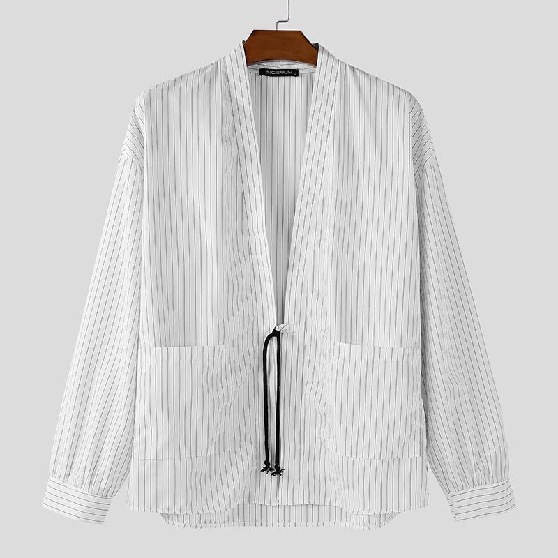 INCERUN S-5XL Men Long Sleeve Striped Open Front Cardigan Kimono Tops