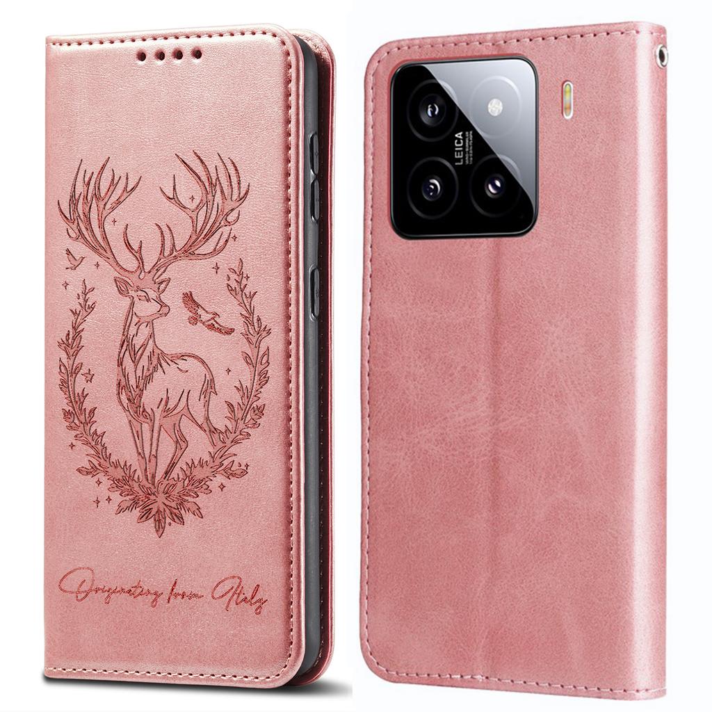 For Xiaomi 15 Stand Case Lucky Deer Imprinted Magnetic Closure Leather Wallet Phone Cover