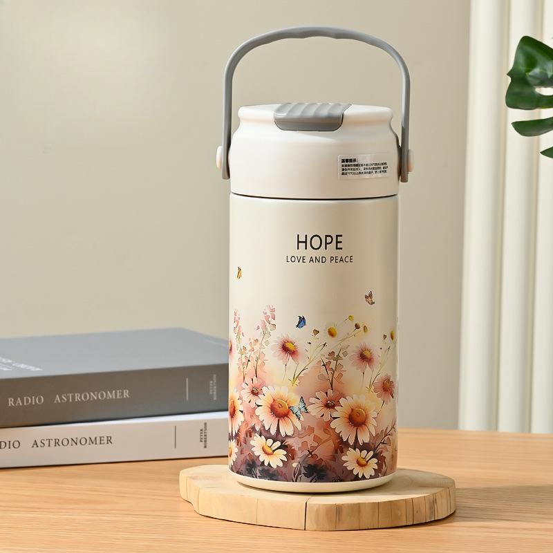 Big Cap Tea Drink Separation Cup Flower Tea Drink Steel Thermos Cup High Appearance Horizontal Double Drink Straw Cup Portable Household Kettle