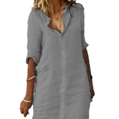 Women's Loose Lapel Button Mid Sleeve Solid Colour Shirt Dresses