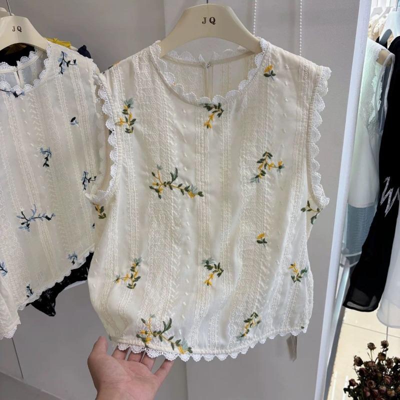 Round Neck Lace Splicing Sleeveless Vest for Women Summer Sweet Embroidered Flowers Casual Versatile Top