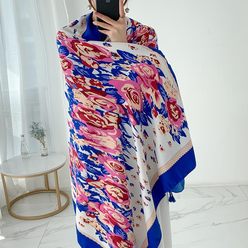 Live broadcast ethnic style sunscreen cotton and linen scarf multi-functional sunshade versatile shawl spring and autumn new satin printed silk scarf