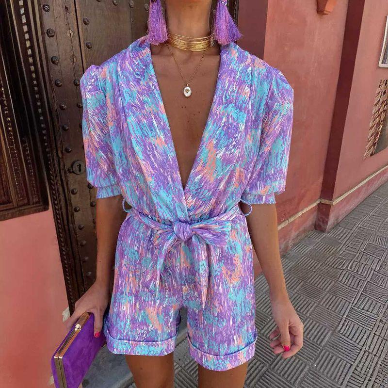 

Printed Shorts Jumpsuit Deep V-neck Puff sleeve Short sleeve Print Belt Pocket Shorts Jumpsuit Purple XXL