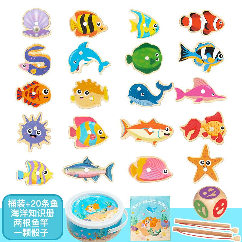 Fishing Toys Children'S Magnetic Fish Wooden Toddler Barreled Marine Animal Cognitive Interactive Toys, Fishing Games