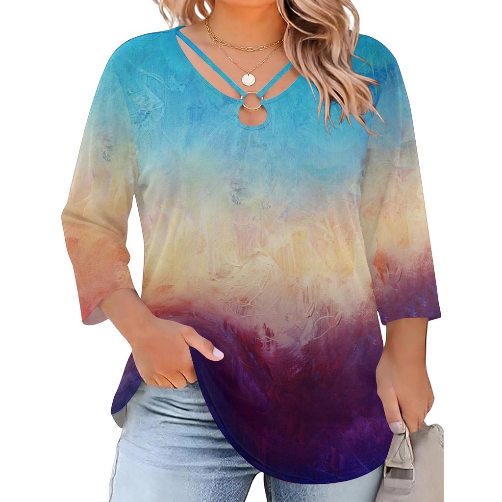 Damen Plus Size Blumenprint Dreiviertelarm Oberteil, Lässige Bluse, Locker Geschnittene Tunika für Frühling Sommer, Tägliches Tragen, Arbeit und Ausgehen
