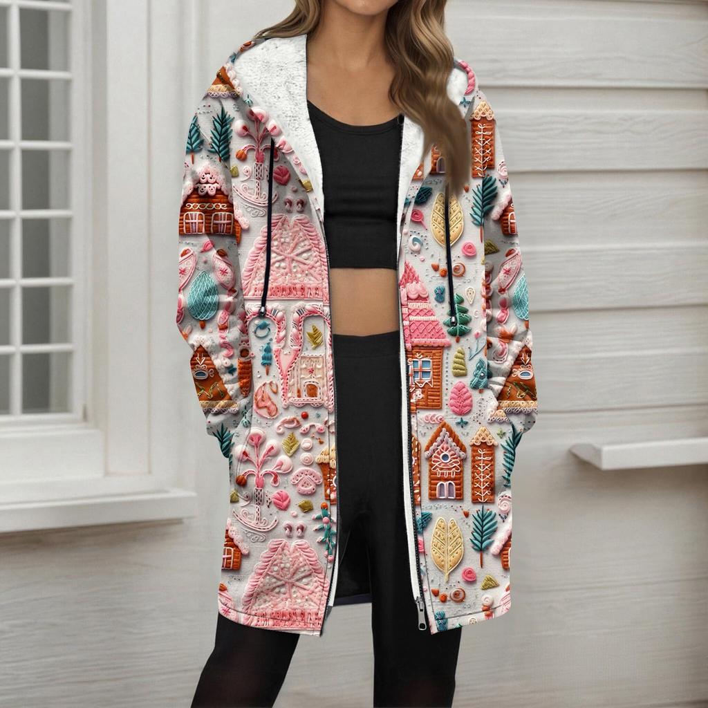 Women's Christmas Printed Fashionable Loose Zipper Fleece Hoodie Jacket