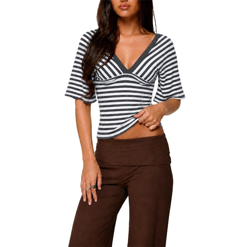 Women's European Color Block Striped V Neck T-Shirt Casual Versatile Top for Spring Summer Commute