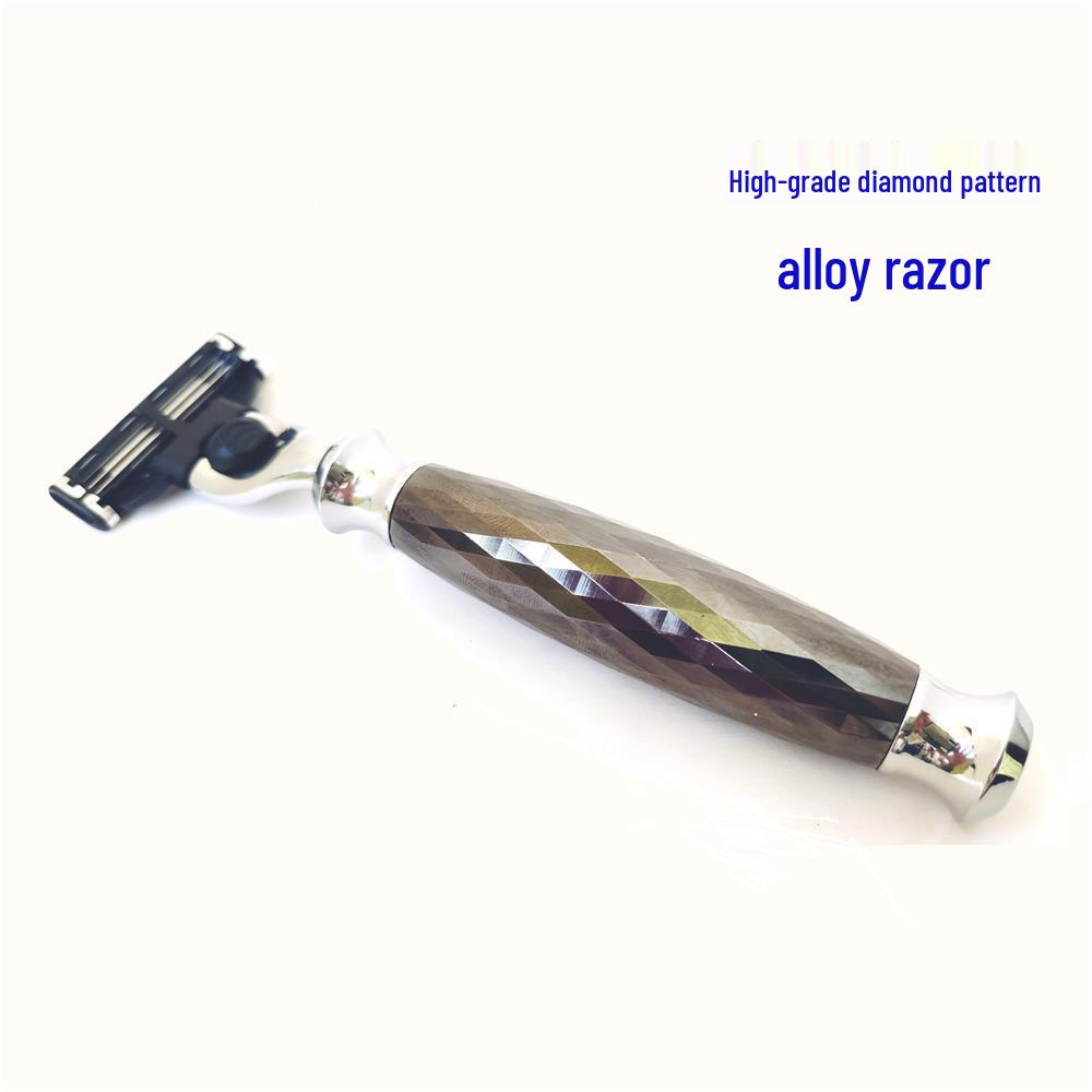 Shiny Men s Classic Razor Set with Diamond Pattern Handle, Three-layer Blade, Brush, and Stand