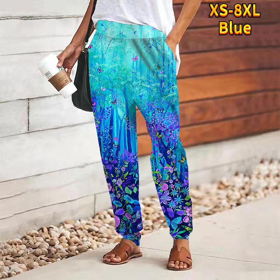 Women Forest Printing Pants Lace Up Elastic Waist Loose Trousers Casual Long Pants Trousers with Pockets