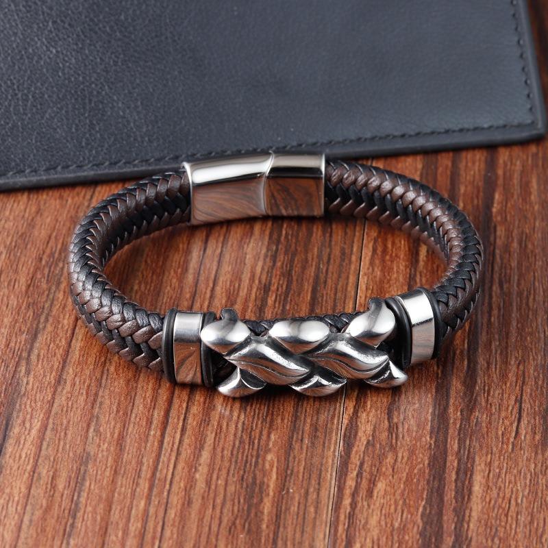21CM Men Hand-woven Leather Rope Bracelet Black Hip Hop Vintage Chain Bracelet Male Stainless Steel Jewelry