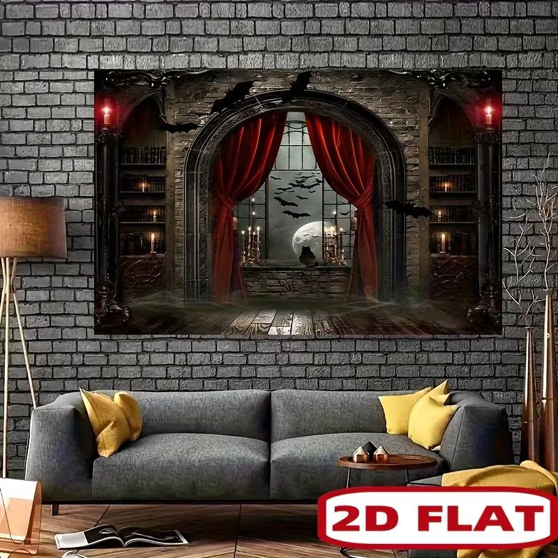 2D Spooky Moon Night Background Cloth Haunted Library Halloween Photo Prop