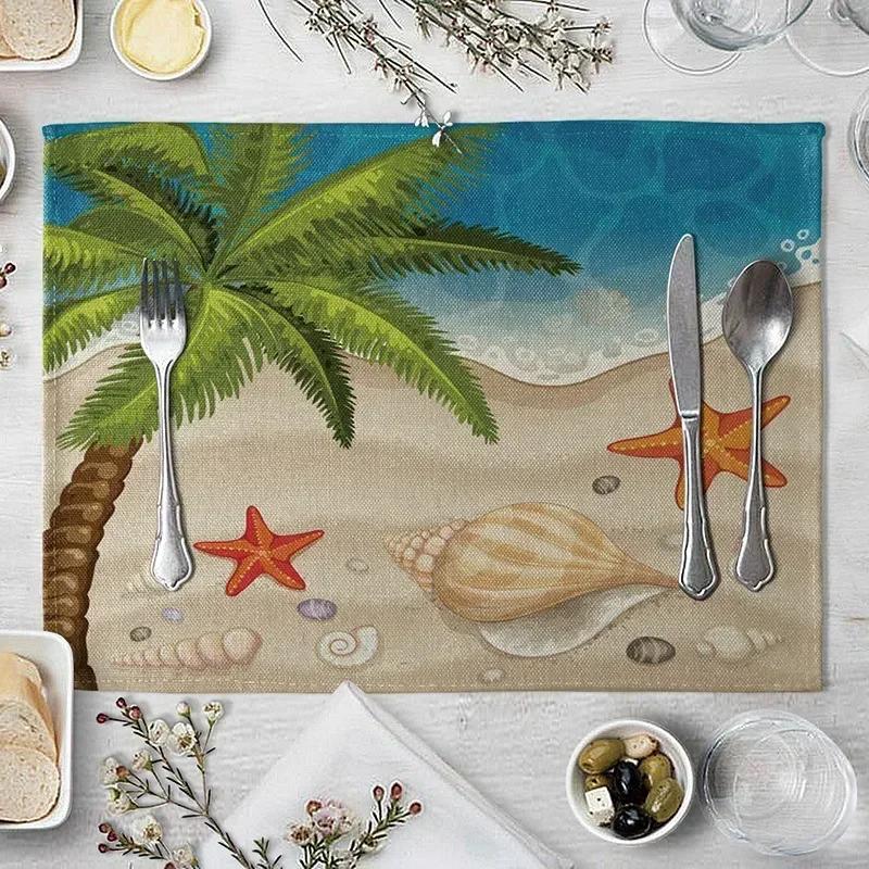 1PC Table Mats for Dining  Seaside Beach Pattern  Placemat Coconut Tree Linen