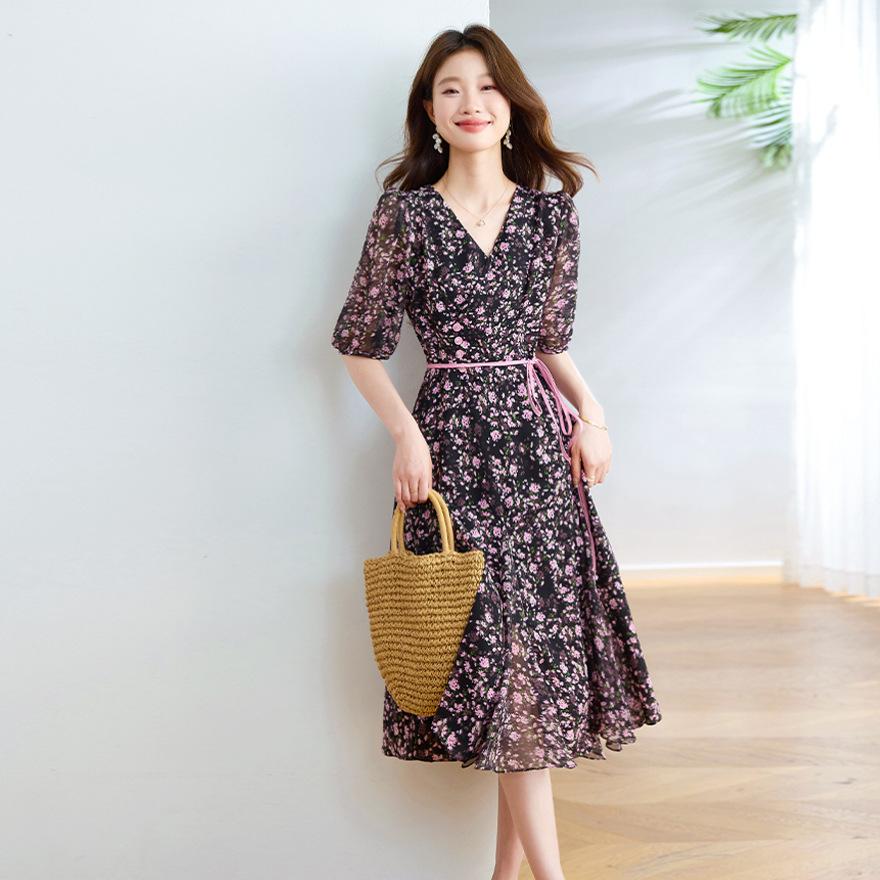 

Женское цветочное платье лето новая мода темперамент универсальное V-образный вырез с принтом миди и длинное 3XL