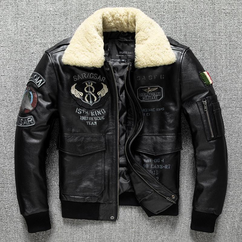 

Мужская кожаная куртка из натуральной коровьей кожи первого слоя, вышитый летный костюм можно снять, меховой воротник и утолщенный хлопок, куртка большого размера 5XL