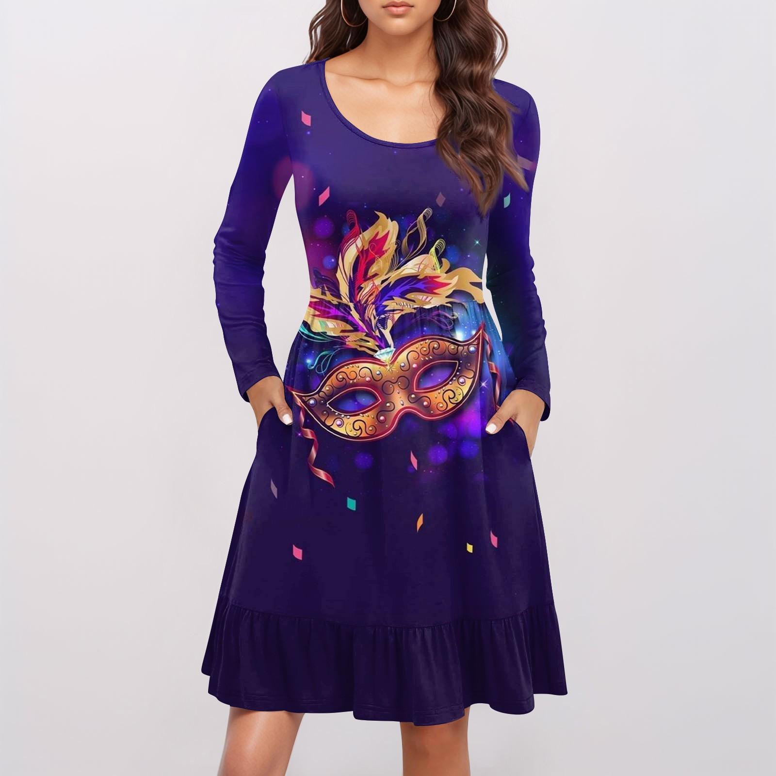 

Women s Casual Round Neck Long Sleeved Dress Carnival Print Loose Waist Pleated Dress XL фіолетовий
