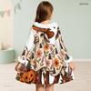 Girls High Neck Long Sleeve Halloween Hedgehog Printed Fluffy Trim Tie Waist A Line Flared Dress