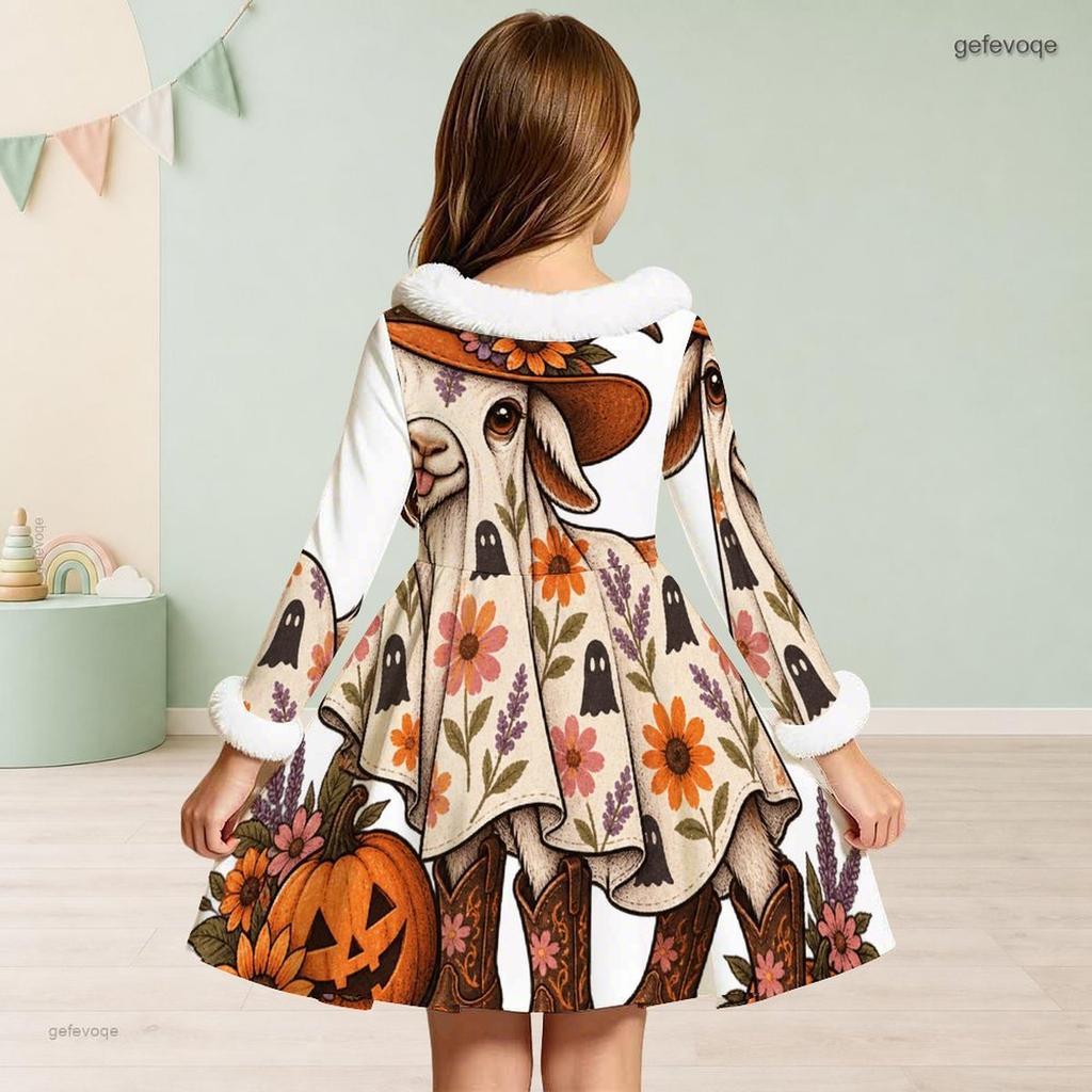 Girls High Neck Long Sleeve Halloween Hedgehog Printed Fluffy Trim Tie Waist A Line Flared Dress