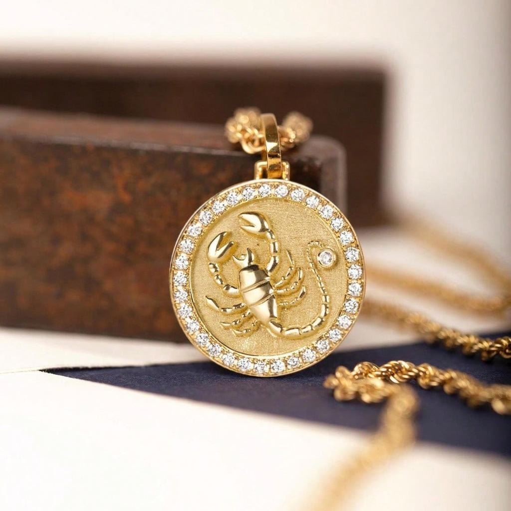 Elegant Gold Color Scorpion Pendant for Women Men Punk Scorpio White Rhinestones CZ Round Pendant Ancient Egypt Amulet Jewelry