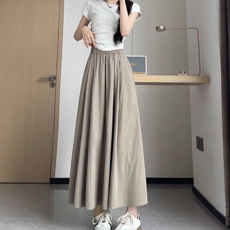 Damen Eisseide High-Waist A-Linien Maxi-Rock - Sommer Ausgestellte Schirm-Silhouette mit Drapierter Halber Rock