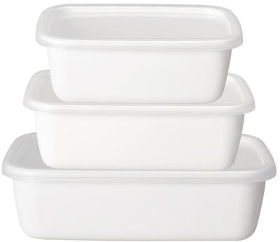 Nodahoro Enamel Storage Containers, Heat-Resistant, Square, Rectangular, and Deep, S, M, and L Sizes, Set of 3, with Seal Lids for See-Through, White