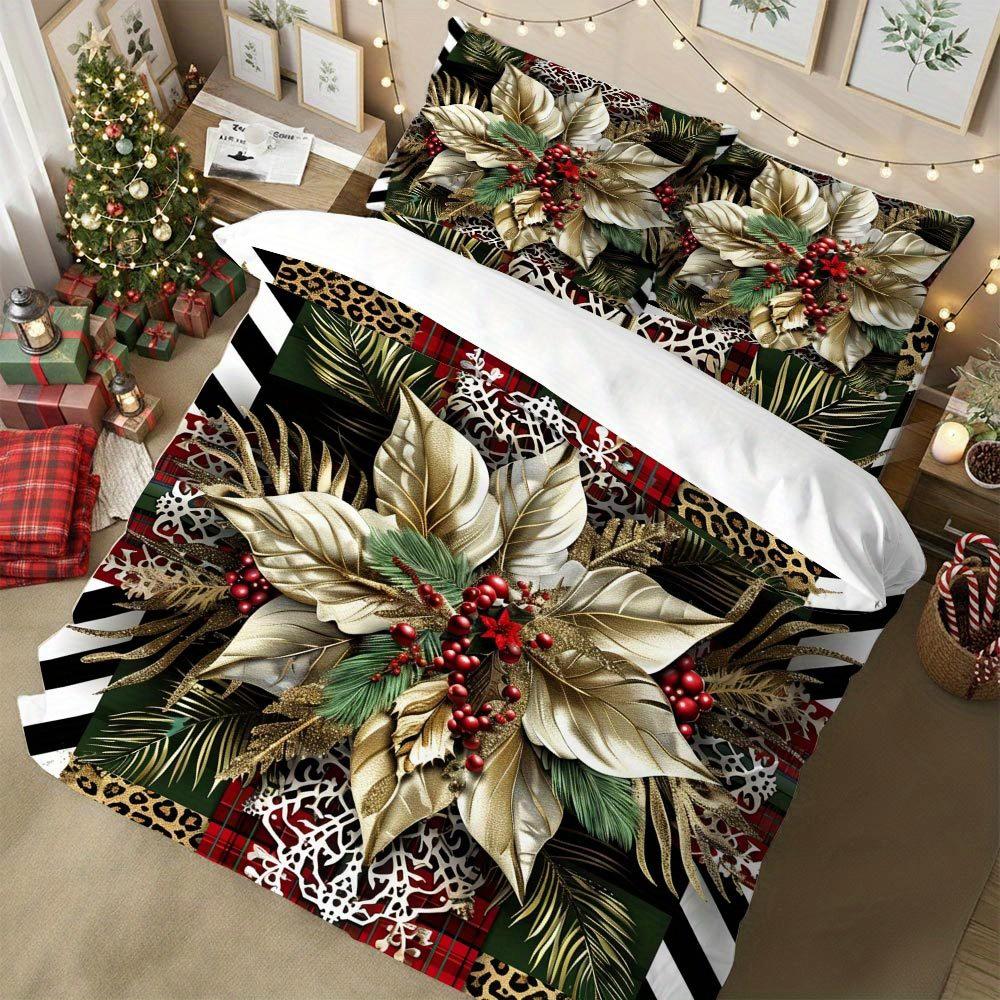 Lifesmells 2/3Pcs Poinsettia Pattern Duvet Cover Set - Festive Christmas Bedding With All-Season Soft Polyester Zipper Closure