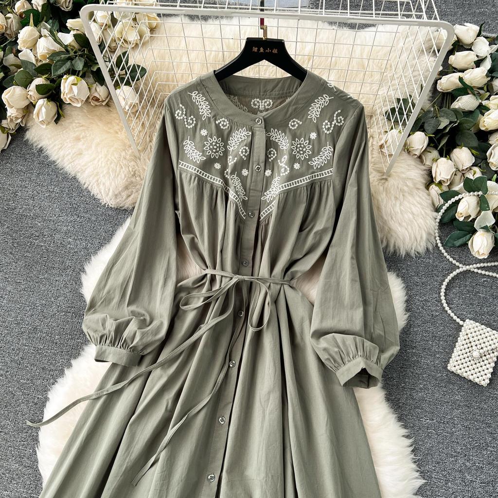 Vintage Bohemian Long Dress for Women A-line Embroidery Lace-up O Neck Lantern Sleeve Holiday Autumn Vestidos