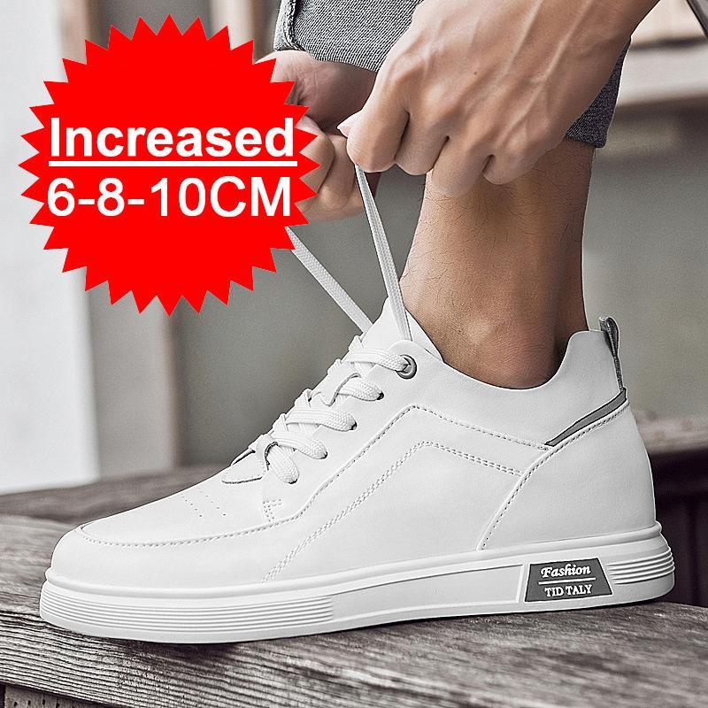 New Men Fashion Elevator Shoes Premium Leather Invisible Height Increase 6/8/10CM White Sneakers Cortex Heightening Casual Shoes