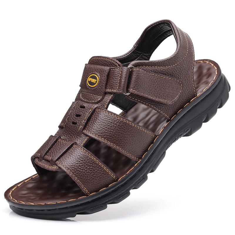 Fashion Summer Designer Men Genuine Leather Sandals Hook & Loop Outside Men Cow Leather Slippers Soft-soled Male Casual Sandals No Slip