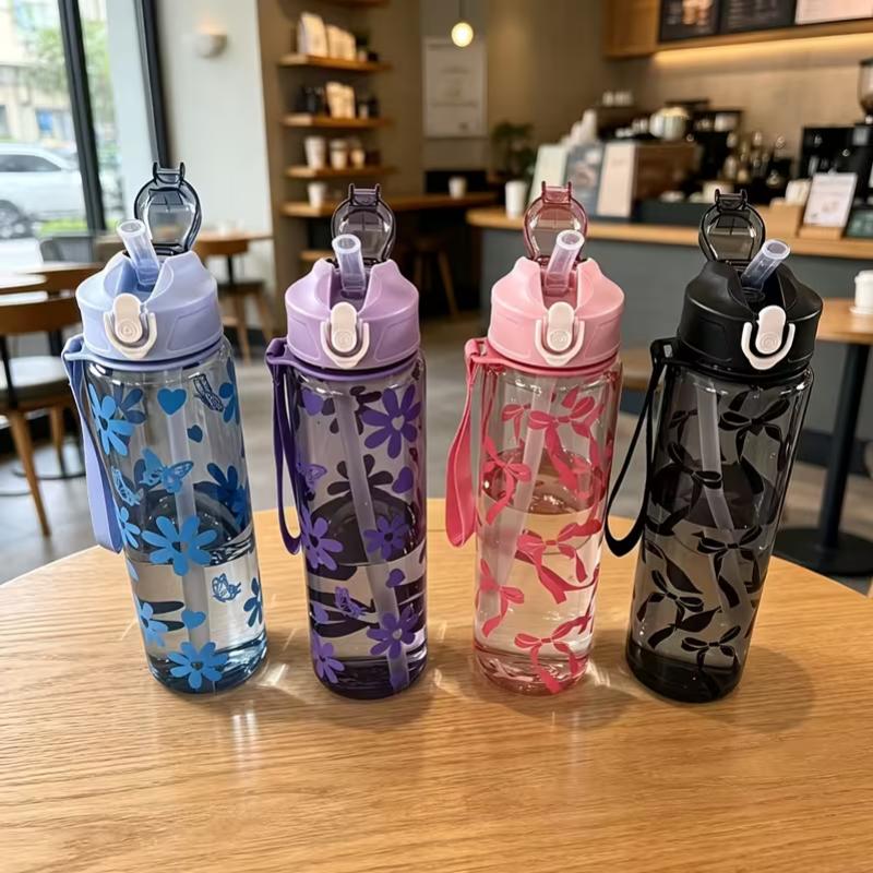 750ML Floral Bow Large Capacity Water Bottle Fresh Easy High Aesthetic Straw Cup with Handle Portable Suitable for Travel