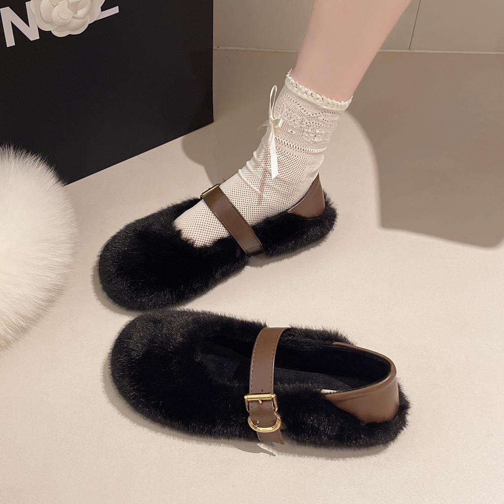 French fluffy shoes for women's outer wear 2025 autumn and winter new one-pedal plush Mary Jane Doudou single shoes cotton shoes