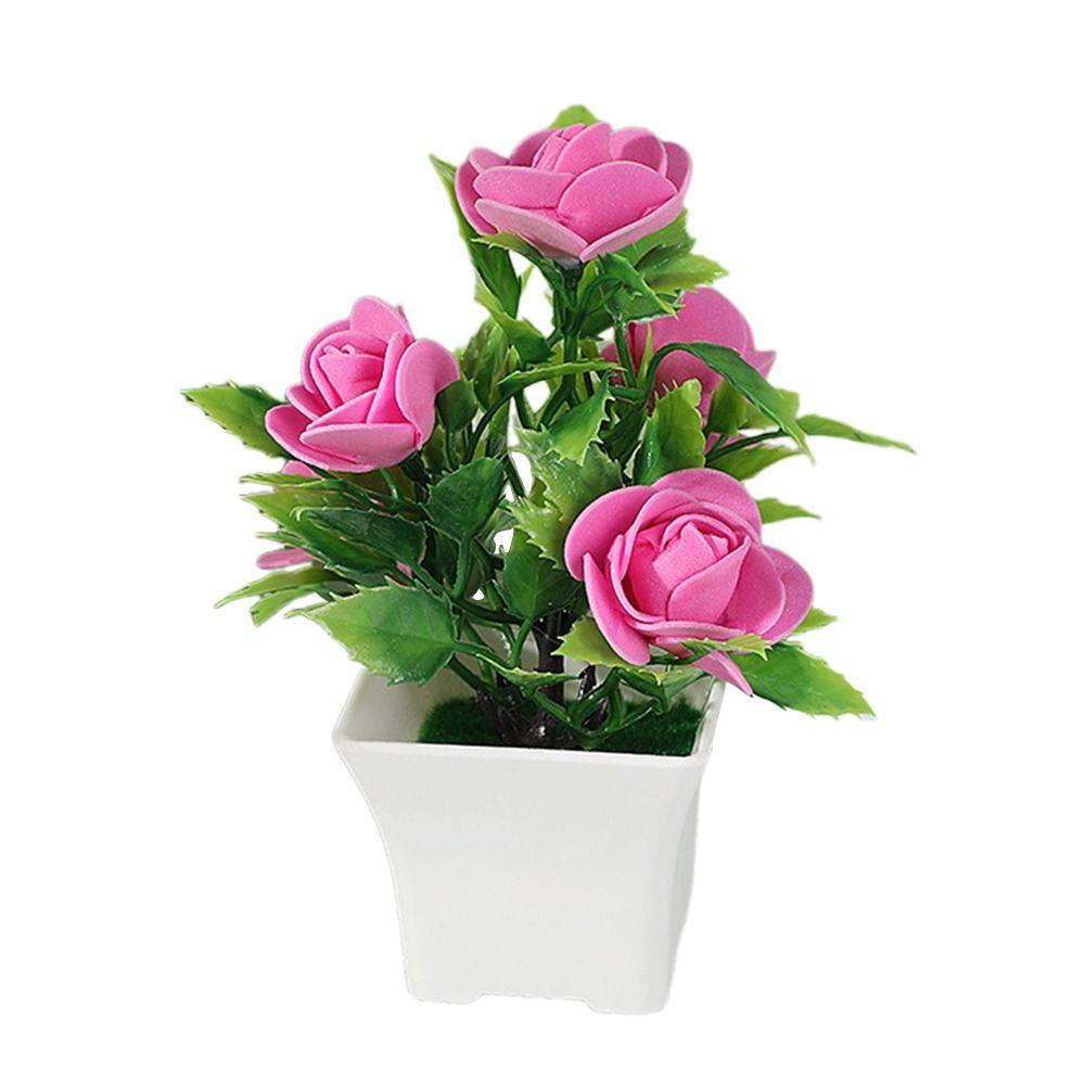 With Pots Artificial Flower Miniscape Vibrant Color Artificial Rose Bonsai Decor Set Realistic Simulated Potted Plant