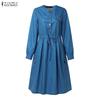 ZANZEA Women Casual V-Neck Loose 3/4 Sleeve Stripe Dress