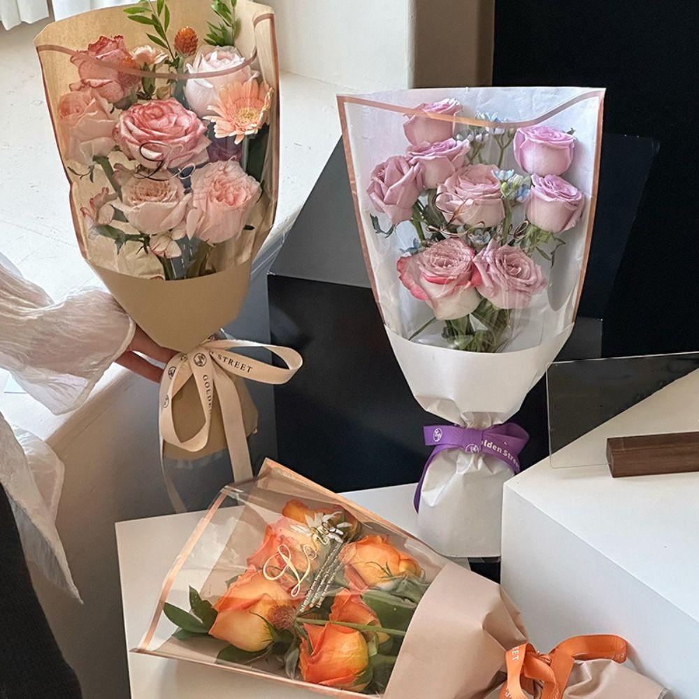 20PCS Kraft Paper Flower Packaging Bag Transparent Flower Paper Bag Bouquet Wrapping