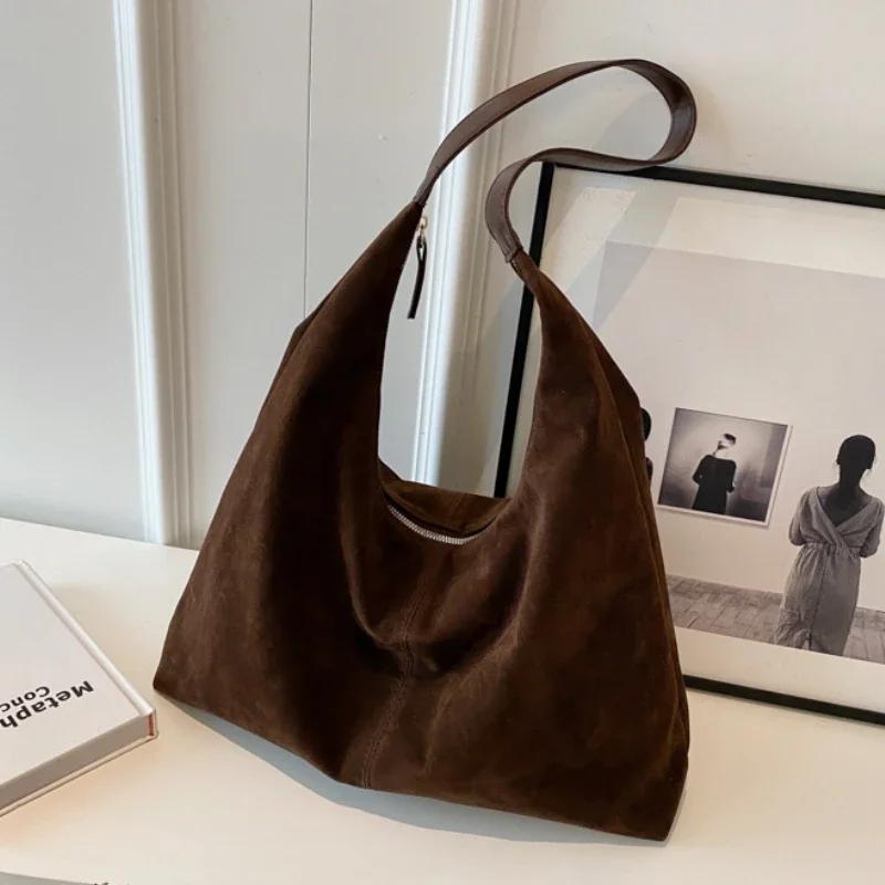 Vintage Suede Large Capacity Women Tote Bag Autumn Winter Commute Shoulder Crossbody Bags Trend Underarm Bags