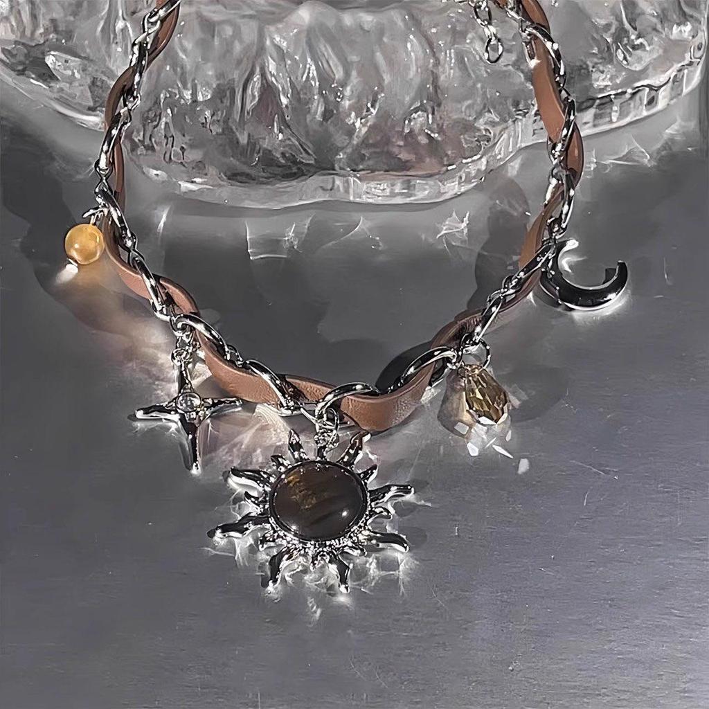 Retro Leather and Metal Choker Necklace with Sun, Star, and Teardrop Charms for Women