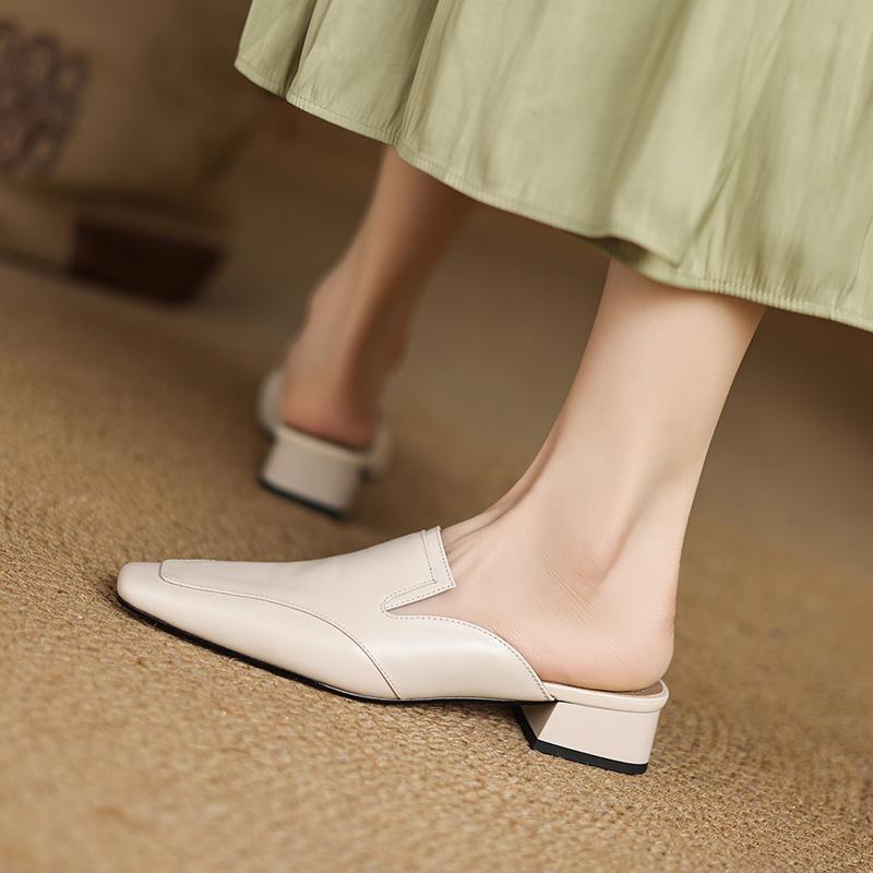 Fashion 2025 Summer Women Shoes Genuine Leather Square Toe Women Sandals Solid Modern Sandals for Women Chunky Heel Women's Mules Shoes
