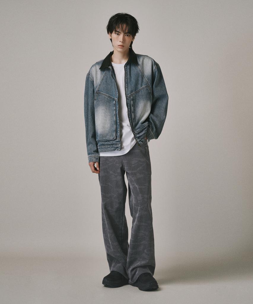 Beodeonteu Curved Cut Camo Herringbone Wide Cotton Pants [Charcoal]