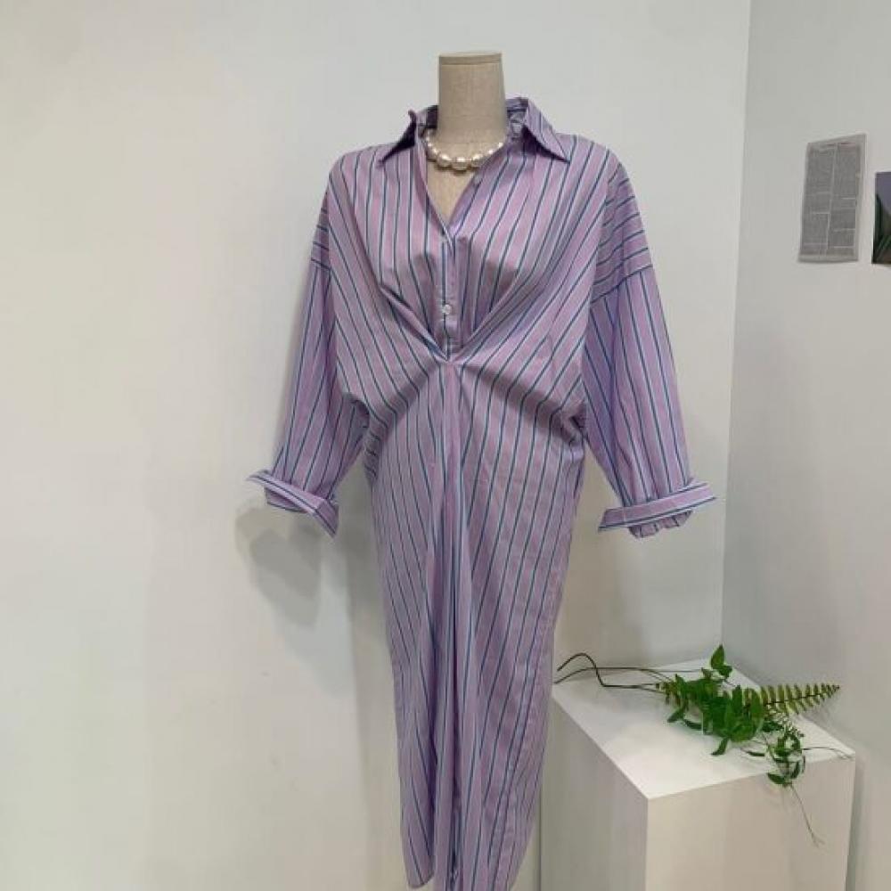C S In The Room Mile Color bloCk Stripe Long Sleeve Collar Long dreSS 2Color C