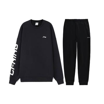 Li Ning Letter Logo Printed Fleece Warm Loose Round Neck Pullover Sweatshirt Cuffed Fleece Sports Pants Casual Sports Suit AWDRF44-2+AKLSC99-1